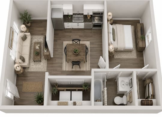 A top-down view of a small apartment with a kitchen, living room, and bathroom.