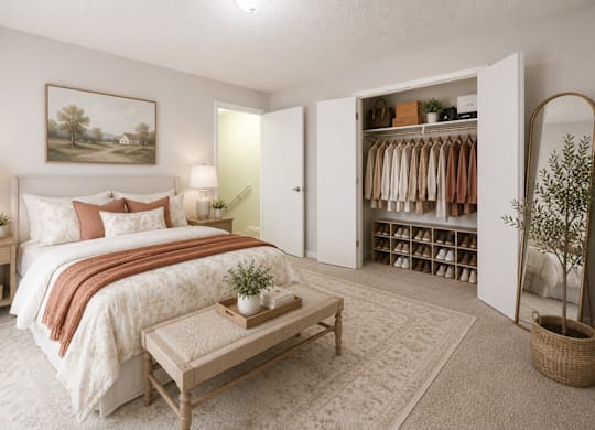 A bedroom with a large bed and a wardrobe.