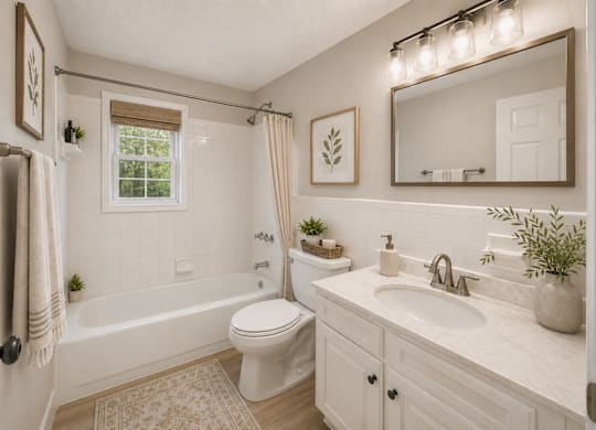 A white bathroom with a toilet, sink, and bathtub.