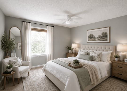 A bedroom with a large bed, a chair, and a painting on the wall.