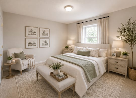 A bedroom with a large bed, a chair, and a table with a plant on it.