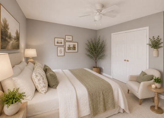 A bedroom with a bed, a chair, and a ceiling fan.