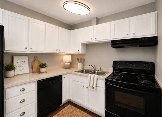 A kitchen with black appliances and white cabinets.