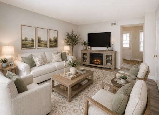 A living room with a white couch, a wooden coffee table, and a fireplace.
