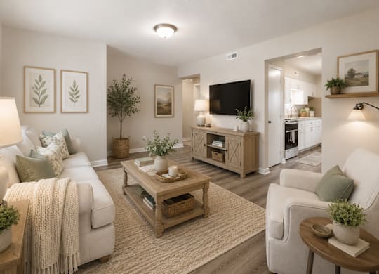 A living room with a white couch, a wooden coffee table, and a flat-screen TV mounted on the wall.