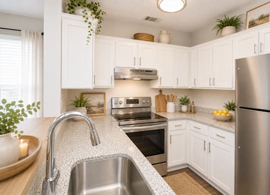 A kitchen with white cabinets and a stainless steel refrigerator.