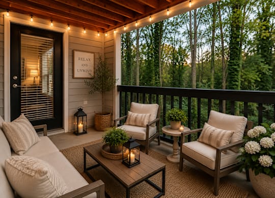 A cozy outdoor patio with a couch, chairs, and lanterns.