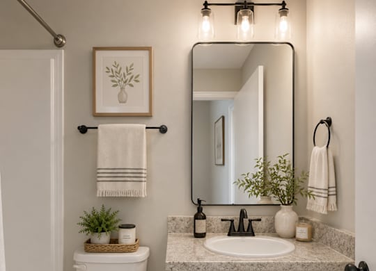 A white toilet sits next to a sink in a bathroom.