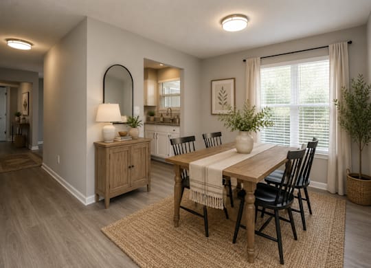 A dining room with a wooden table and chairs.