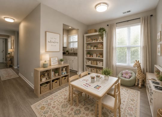 A well-lit, cozy dining area with a table set for a meal.