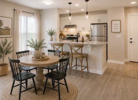 A kitchen with a table and chairs in the foreground and a fridge in the background.