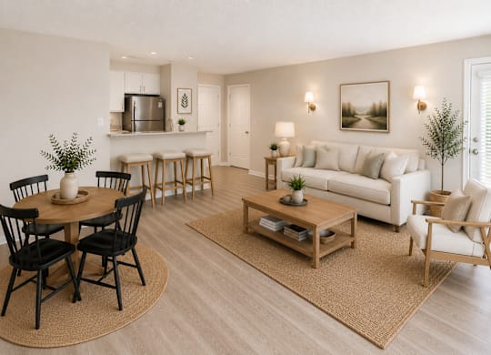 A living room with a sofa, chairs, and a coffee table.