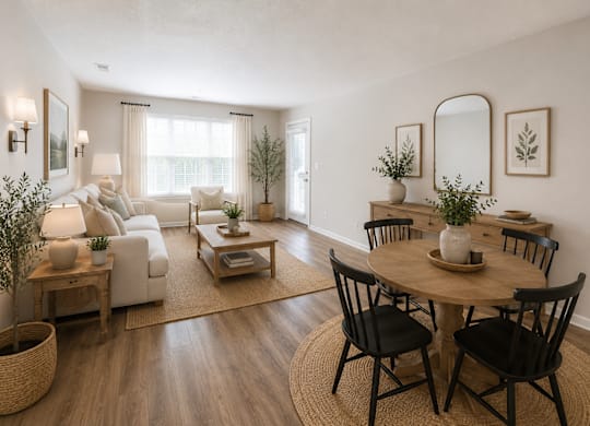 A living room with a white sofa, a wooden coffee table, and a round wooden dining table with chairs.