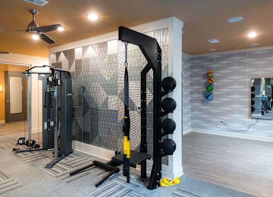 A home gym with a squat rack, weights, and a mirror at Hudson at Renaissance Apartments, Wilmington, NC