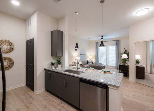 A modern kitchen with dark wood cabinets and a large island at Hudson at Renaissance Apartments, North Carolina