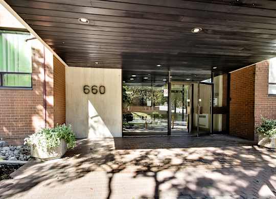 The entrance to a building with the number 660 on it.