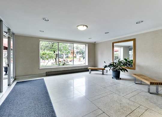 an empty living room with a large window and a potted plant
