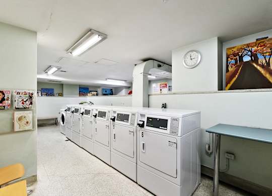 A row of washing machines are lined up in a laundromat.