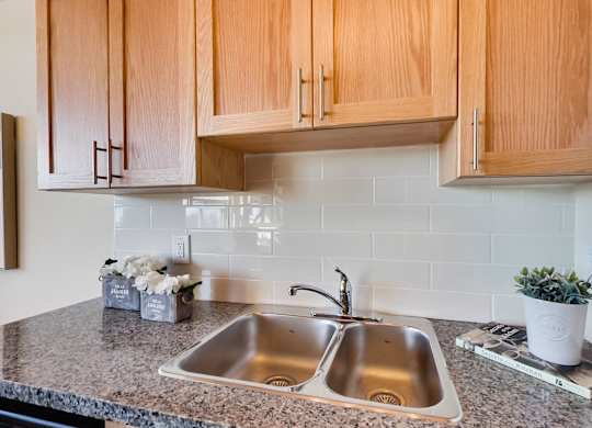 A kitchen with a double sink and wooden cabinets.
