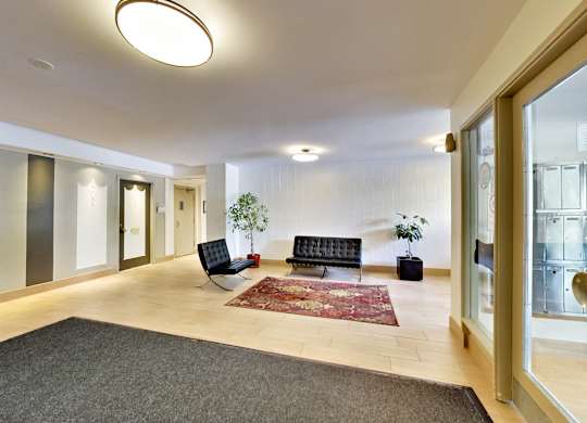 a living room with a couch and a rug