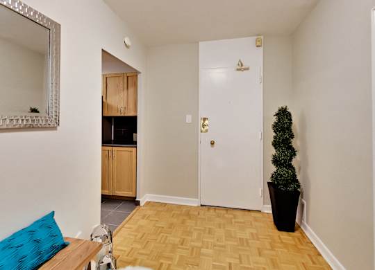 a living room with a plant and a door to a kitchen