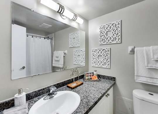 A bathroom with a white sink and a mirror above it.