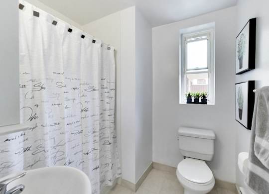 a bathroom with a shower curtain and a toilet and a sink