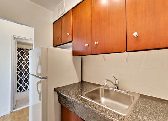A kitchen with a sink and cabinets.