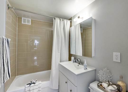 a bathroom with a sink and a shower and a mirror
