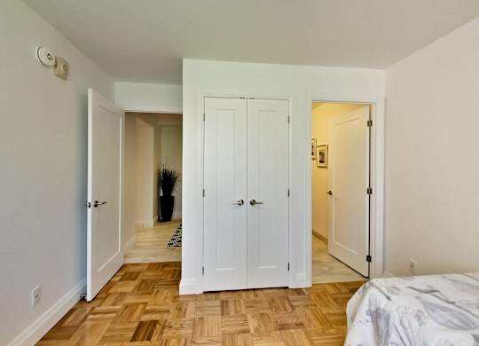 a bedroom with two closets and a bed and a wood floor