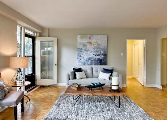 a living room with a couch and a coffee table