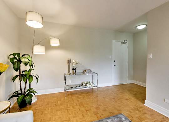 a living room with white walls and a wooden floor and a table with a plant