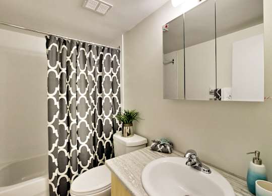 A bathroom with a white sink and a shower with a black and white curtain.