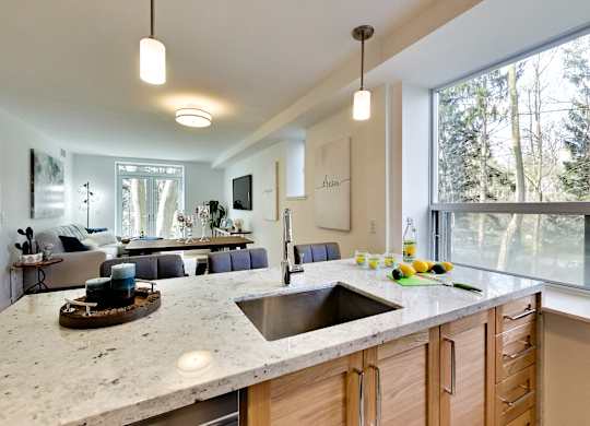 a kitchen with a sink and a large window