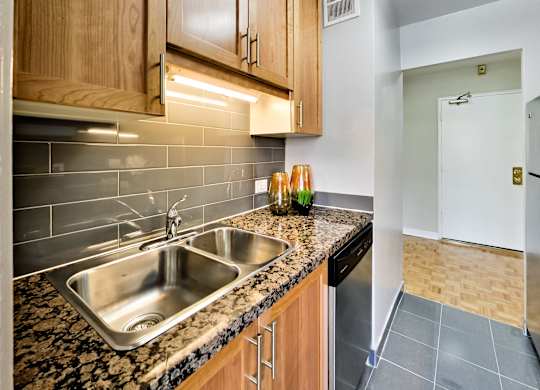 a kitchen with a stainless steel sink and wooden cabinets
