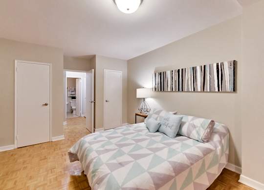 a bedroom with a bed and a closet