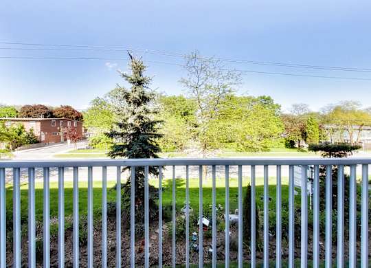 a view from a balcony of a yard with a tree