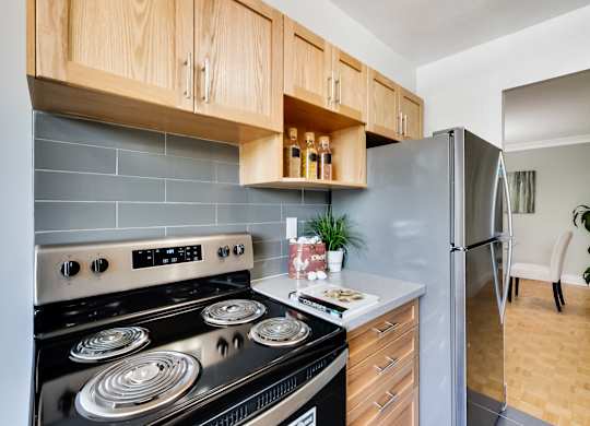 A modern kitchen with a stove top oven and a refrigerator.