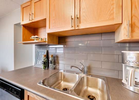 a kitchen with a sink and wooden cabinets