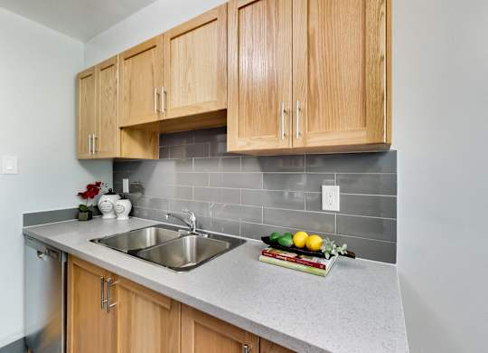 A kitchen with wooden cabinets and a grey countertop.