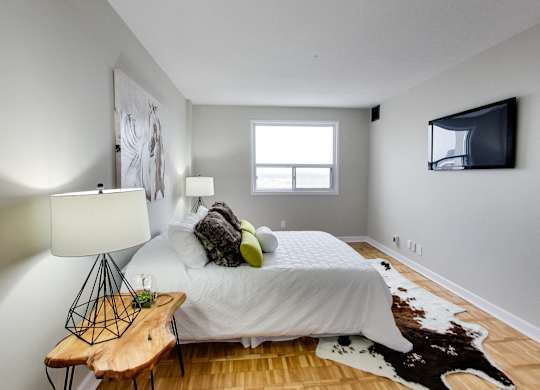 a bedroom with a bed and a tv