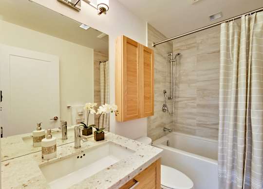 a bathroom with a sink and a shower and a toilet