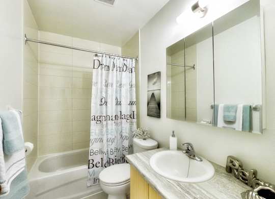 a bathroom with a shower curtain and a sink and a toilet