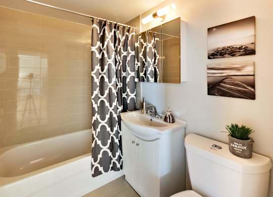 a bathroom with a shower curtain and a toilet and a sink