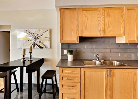 a kitchen with wooden cabinets and a black counter top and a sink