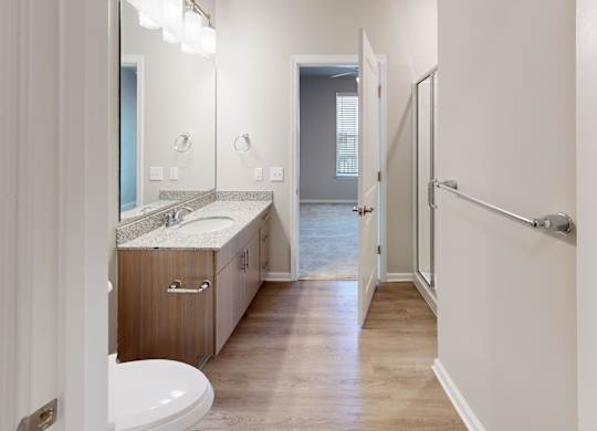 a bathroom with granite countertops a walk-in shower