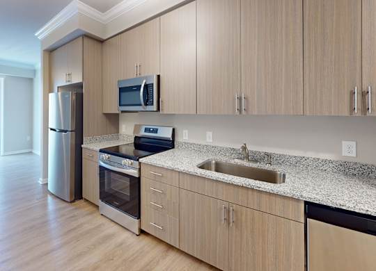 a kitchen with stainless steel appliances and granite countertops