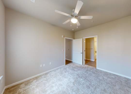a bedroom with a connecting closet and bathroom