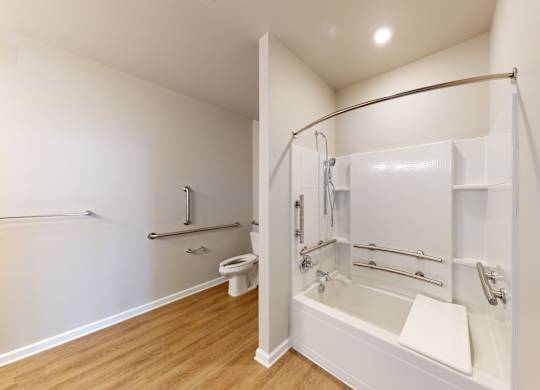a bathroom with a garden tub and handrails