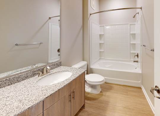 a bathroom with granite countertops and luxury vinyl plank flooring